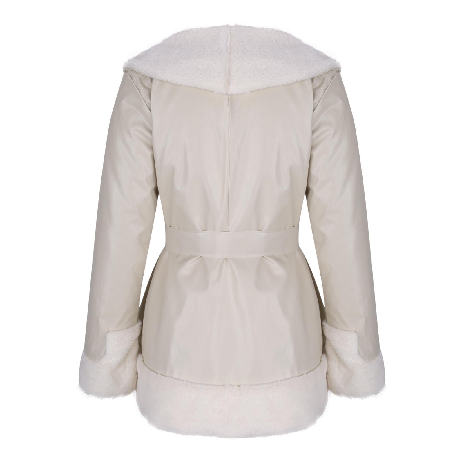 ZQUUVOU Women's Faux Leather Jacket with Faux Fur Collar Fall Winter Trendy Long Sleeve Furry Trim Parka Coat with Belt Beige