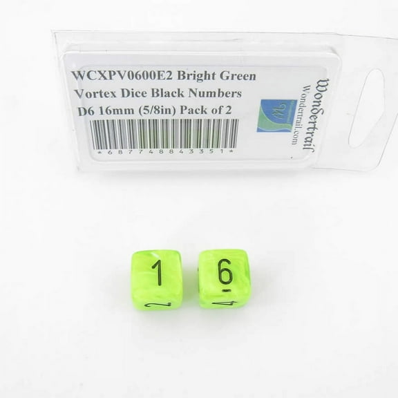 Bright Green Vortex Dice with Black Numbers D6 Aprox 16mm (5/8in) Pack of 2 Wondertrail
