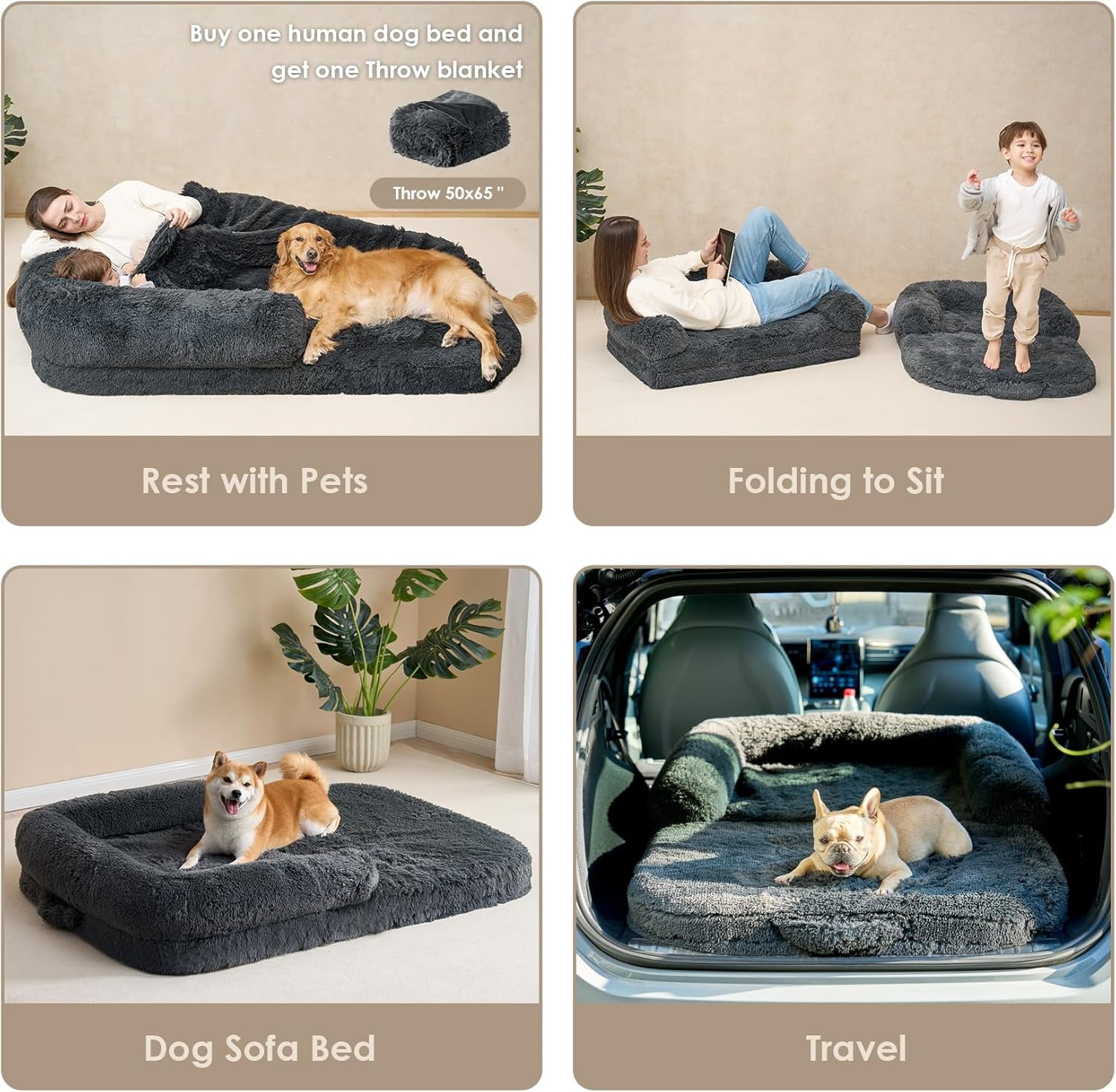 Foldable XL Dog Bed, Faux Fur Fluffy Dog Bed for Extra Large Dogs, Orthopedic Calming Memory Foam XL Dog Couch Bed, Washable Soft Warm Dog Sofa Bed with Non-Slip Bottom, Dark Grey, 40"x30"x6"