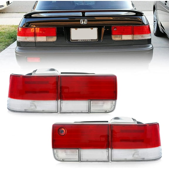 USR 92-93 Accord Tail Lights - JDM Style Red / Clear Rear Tail Lamps Set (Left   Right) Compatible with 1992-1993 Honda Accord Sedan (4 Pieces, Inner   Out)