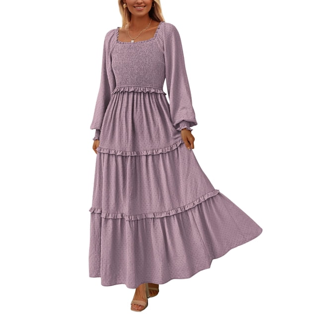 Vestido PRETTYGARDEN 2025 Maxi con Mangas Largas y Fruncido Gris Púrpura Talla S