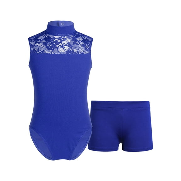 Hansber Kids Girls Sleeveless Gymnastic Leotard Ballet Dance Tank Top and Booty Shorts Workout Suit Royal Blue L