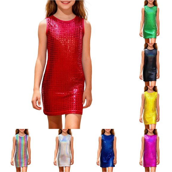 Rhuody Dress For Girls Sleeveless Sequin Graphic Prints Dresses O Neck Sundress Lovely Wear 5-6 Years Red