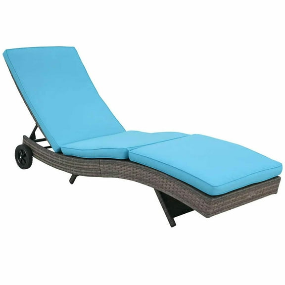 GVN Patio Lounge Chair,Outdoor Chaise Lounge Chair,Wicker Chaise Lounge Chair with 5-Level Adjustable Backrest & Wheels, Sky Blue