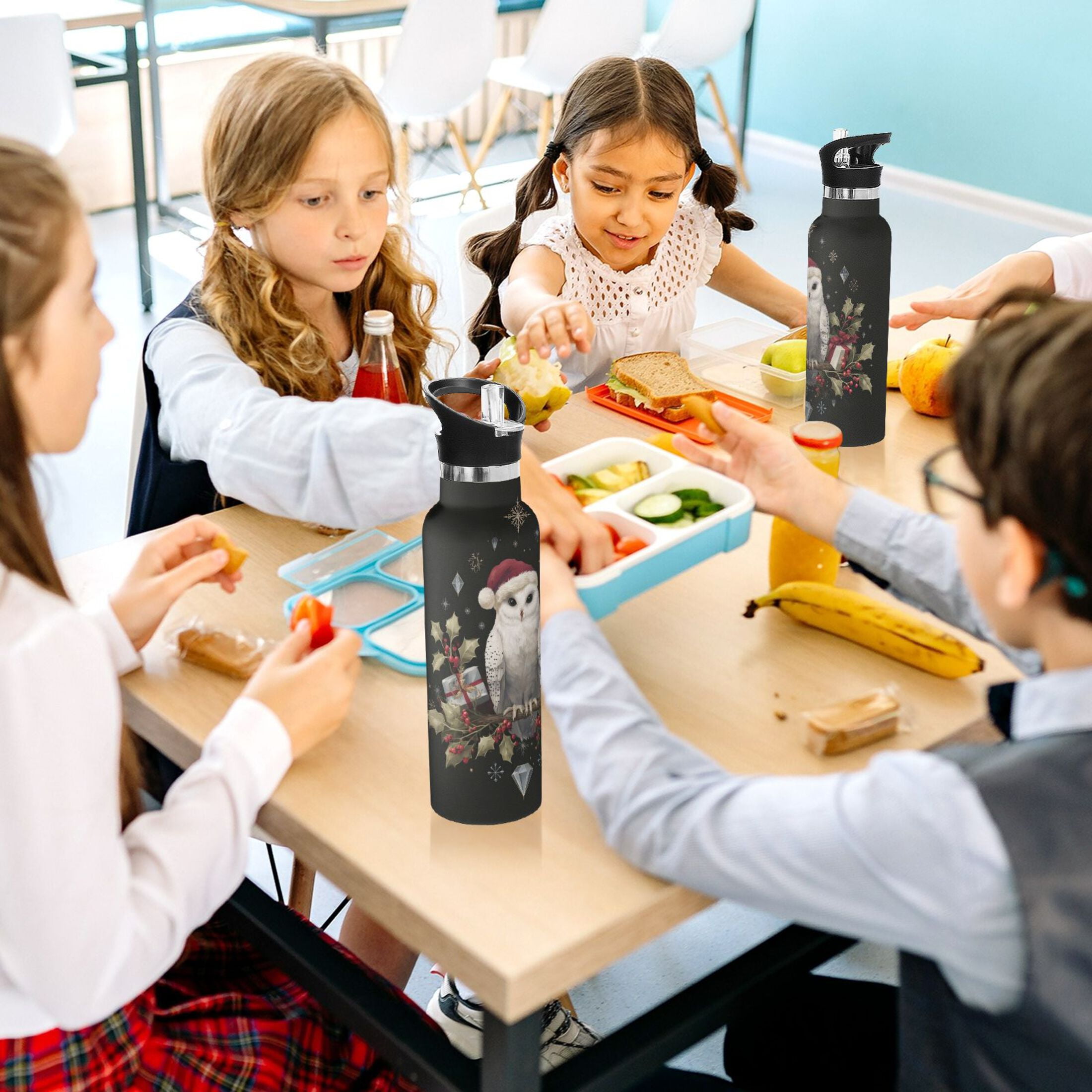 600ML Stainless Steel Insulated Cup Sports Water Bottle Portable Thermos Cup Water Glasses Insulated Tumblers Convenient and Durable Magical Christmas Black Owl