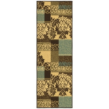 Ottomanson Non-Slip Rubberback Damask 2x7 Indoor Runner Rug, 1'10" x 7', Brown/Green