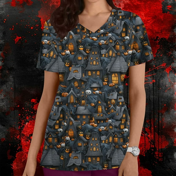 VKOYWKM Halloween Scrubs for Women Vintage Graphic Tees V Neck Short Sleeve Nurse Uniforms Loose Fit Working Uniforms with Pockets
