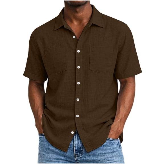 YLSDY Men's Linen-Blend Short Sleeve Shirt, Casual Retro Style with Dual Chest Pockets & Button-Down Closure, Relaxed Fit for Everyday Wear Brown L