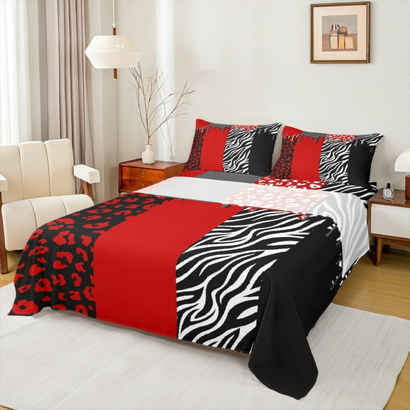 Homewish Romantic Valentines Day Twin Sheet Sets, Black Red Splash Twin Fitted Sheet, Chic Leopard Zabra Print Flat Sheet, Luxury Bedroom Decor, 3pcs