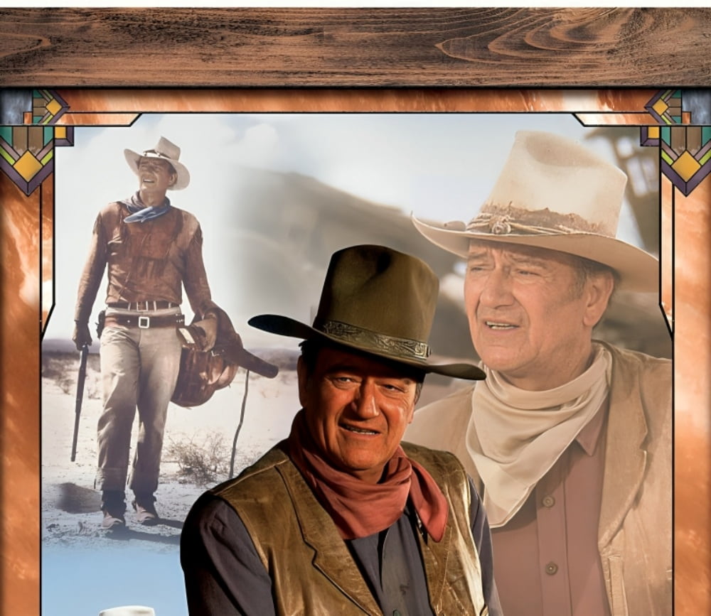 The Bradford Exchange The Legend Of John Wayne Wall Decor Self-Illuminating Wall Decor Stained Glass Artwork with LED Lights and Rustic Wooden Frame 16" W x 20" H