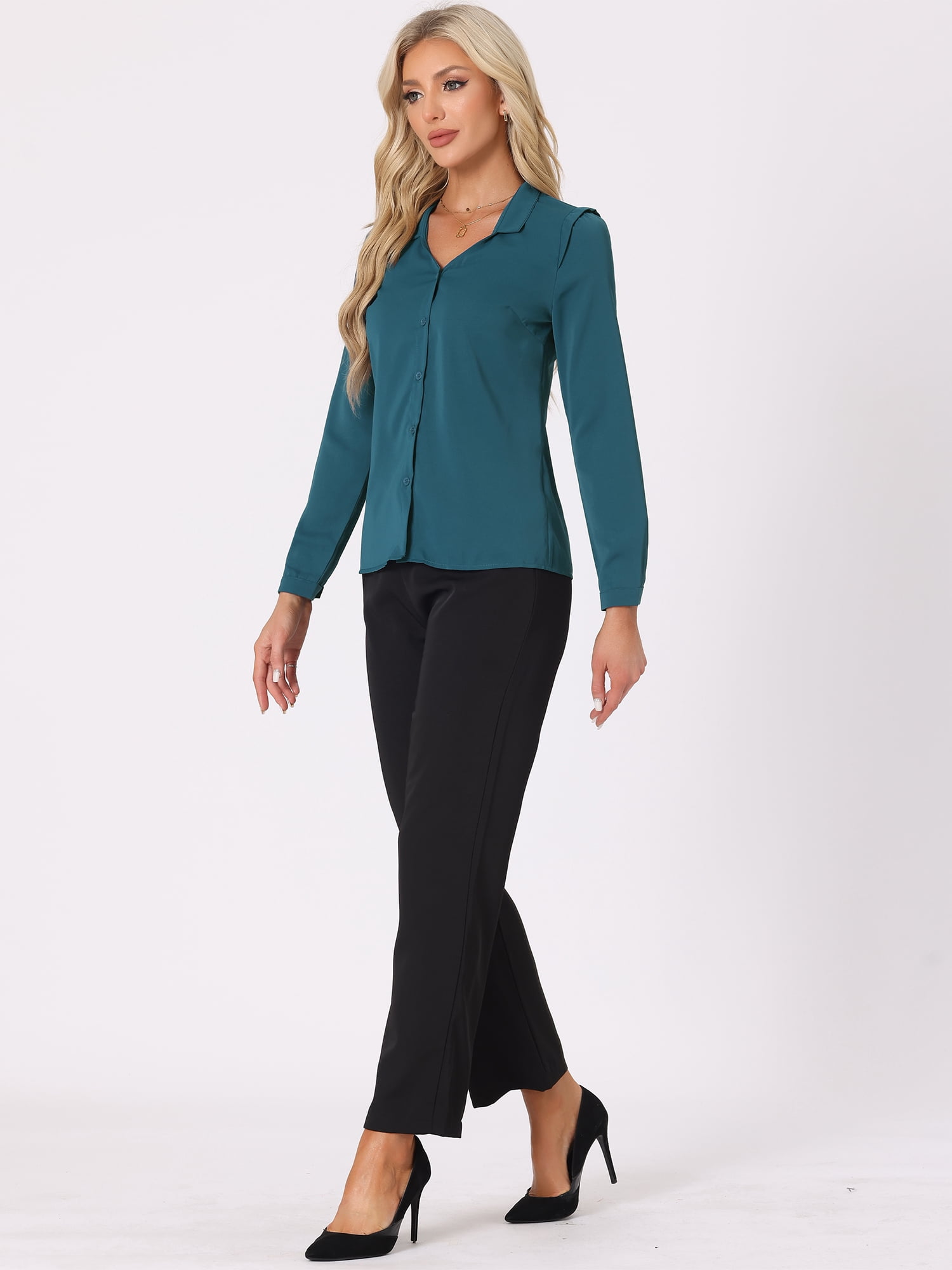 DARING DIVA Women's Elegant V Neck Long Sleeves Button Down Shirt XS Peacock Blue