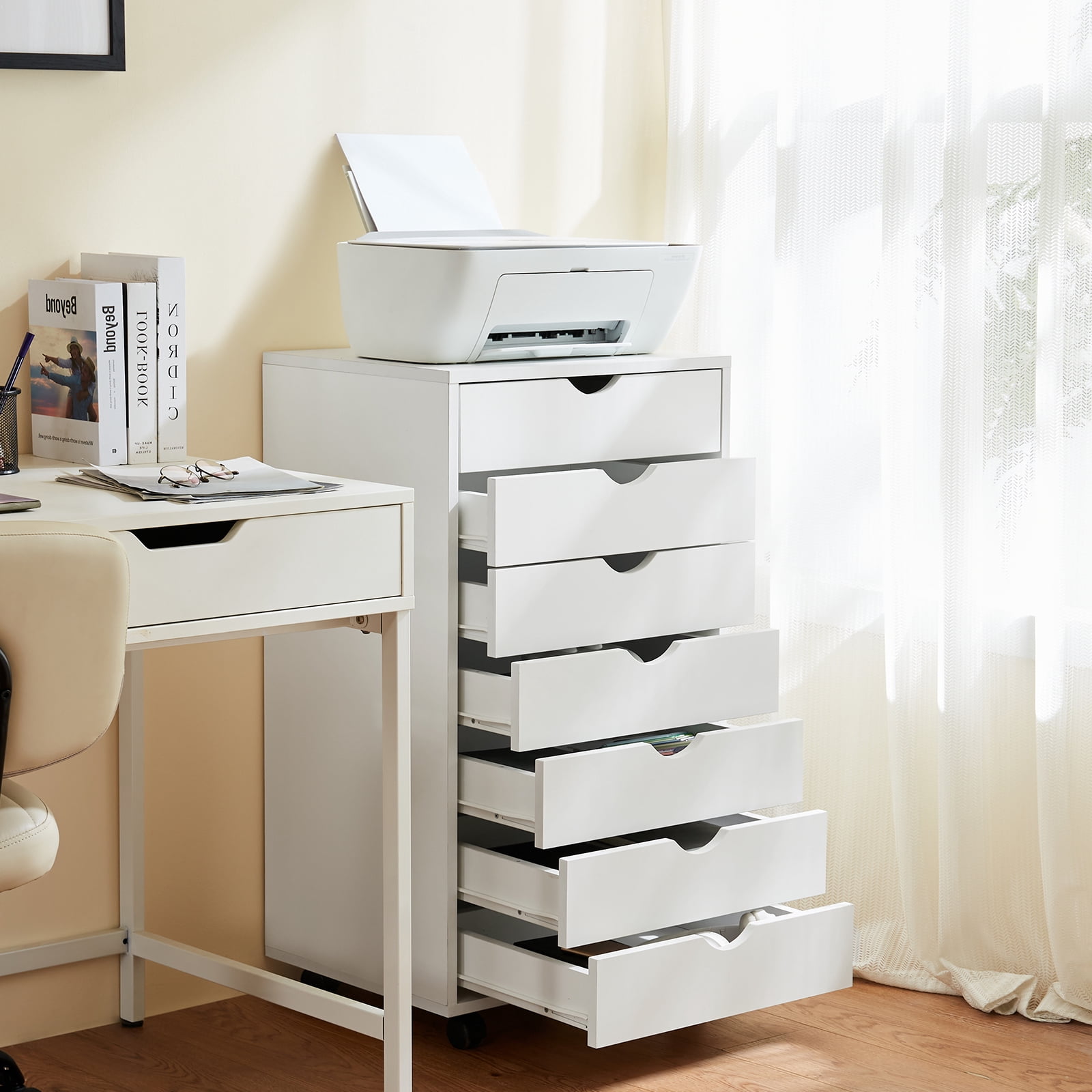 JOINSUN 7-Drawer Dresser, Wood Storage File Cabinet with Wheels and Drawer Organizer for Bedroom Closet, White