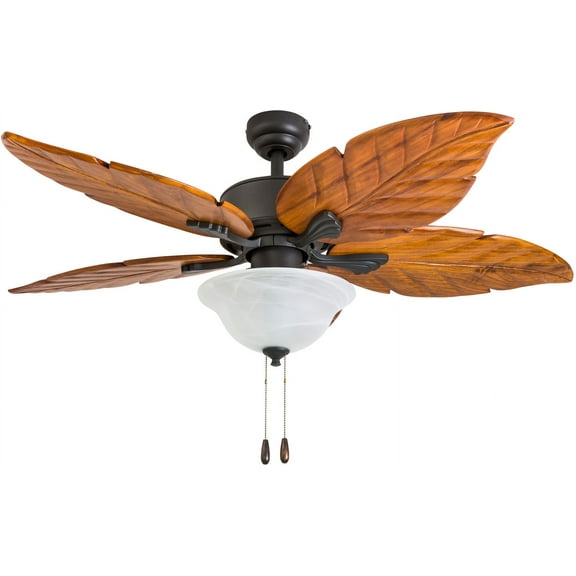 Prominence Home 50676-35 Misty Peak Tropical 52-Inch Aged Bronze Indoor Ceiling Fan, LED Bowl Light with Dark Cherry Hand Carved Wood Blades