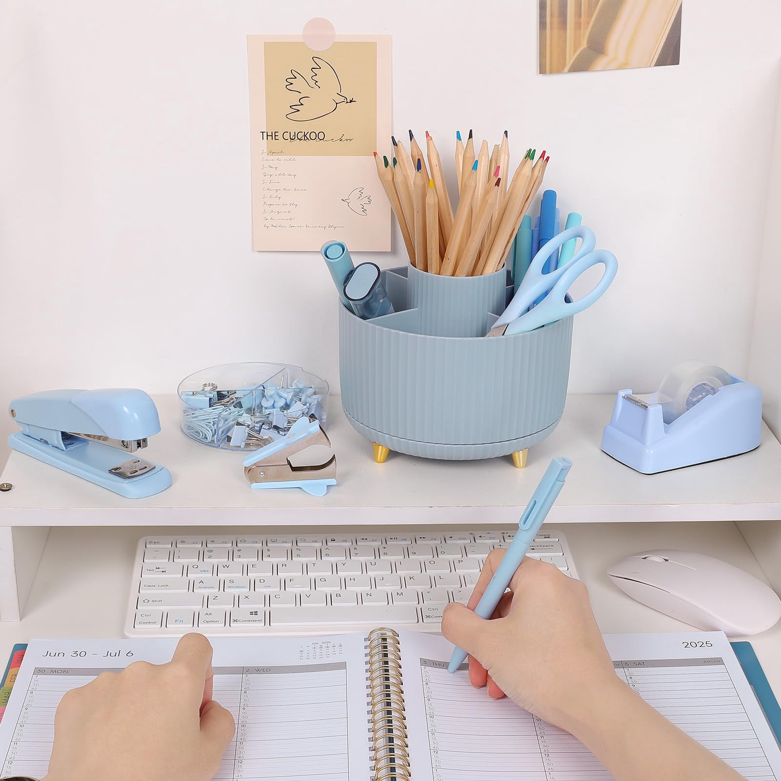 Desk Organizers And Accessories 10pcs  360-degree Rotating Pen Holder Stapler Staple Remover Tape Dispenser 2pcs Refills Binder Paper Clips Kit Scissor (blue)