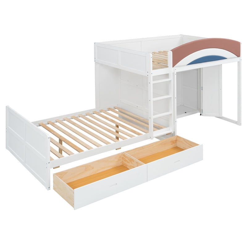 Full-Over-Full Size Offset Bunk Bed with Wardrobe & Built-in Hanging Rod, Storage Kids Bed Frame with 2 Drawers & Guardrail