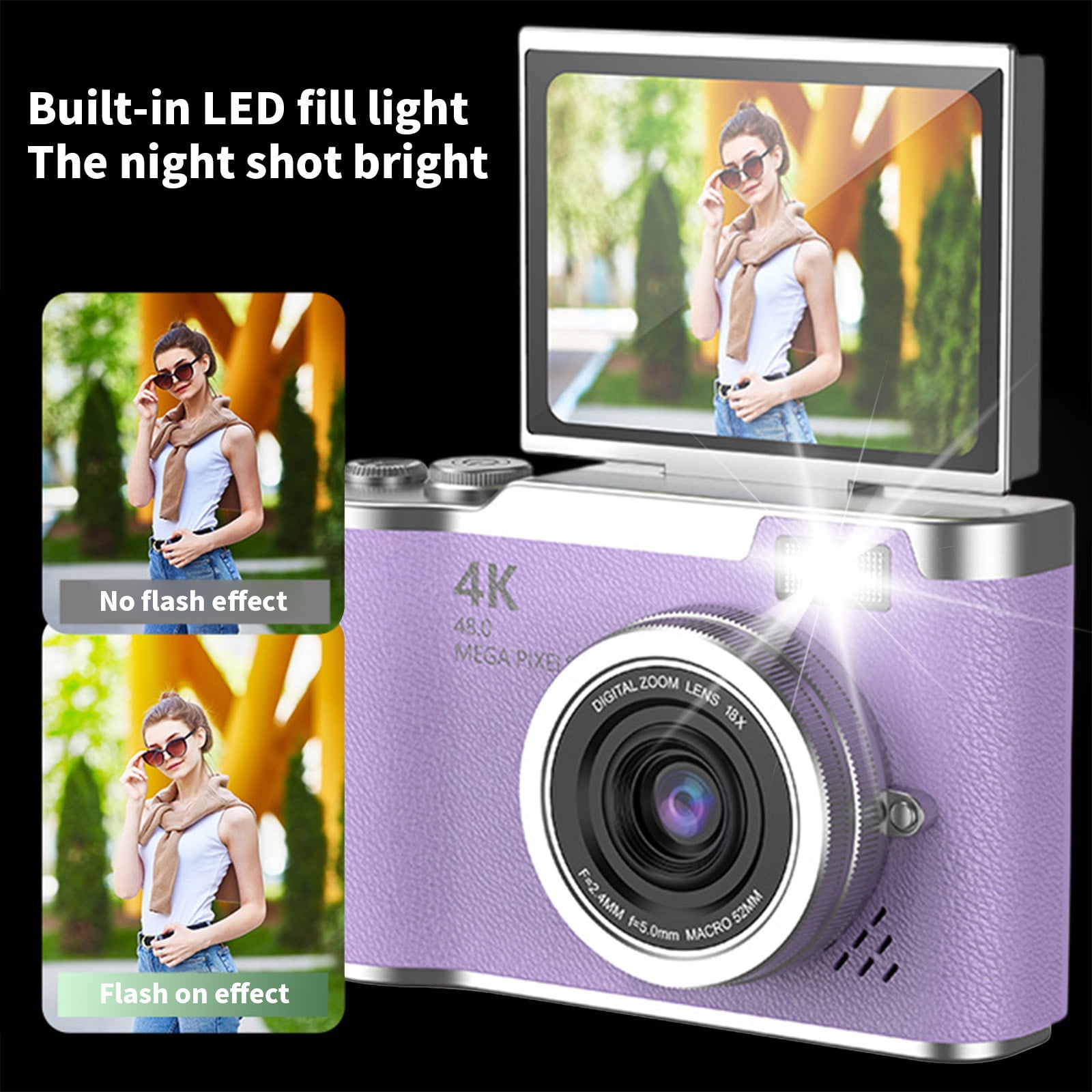 Digital Camera, Gaqring 2.4 Inch Flip Screen Autofocus 1080P HD Selfie Beauty Camera, 8X Digital Zoom 48MP CMOS Sensor Night Vision Flash Portable Teen Camera, Purple