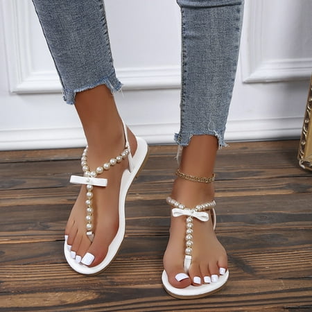 

Women s Flat Artificial Pearl Sandals Slip-on Style Peep Toe Casual Shoes with TPR Sole Summer Beach Supply