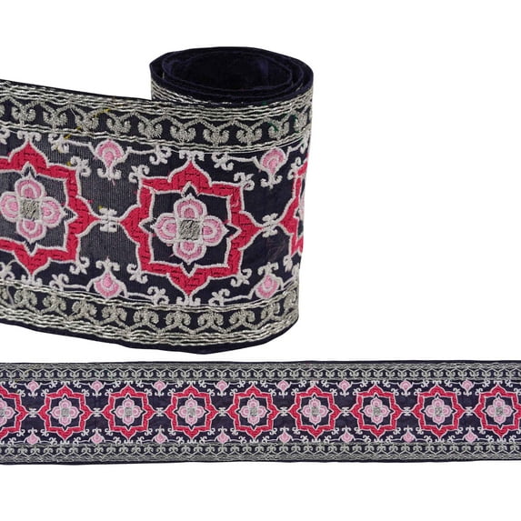 IBA Indianbeautifulart Magenta Thread With Silver Dori Dupion Trimming for Sewing DIY Craft by 3 Yard Border Lace Tape Trim, 1 Inch Wide