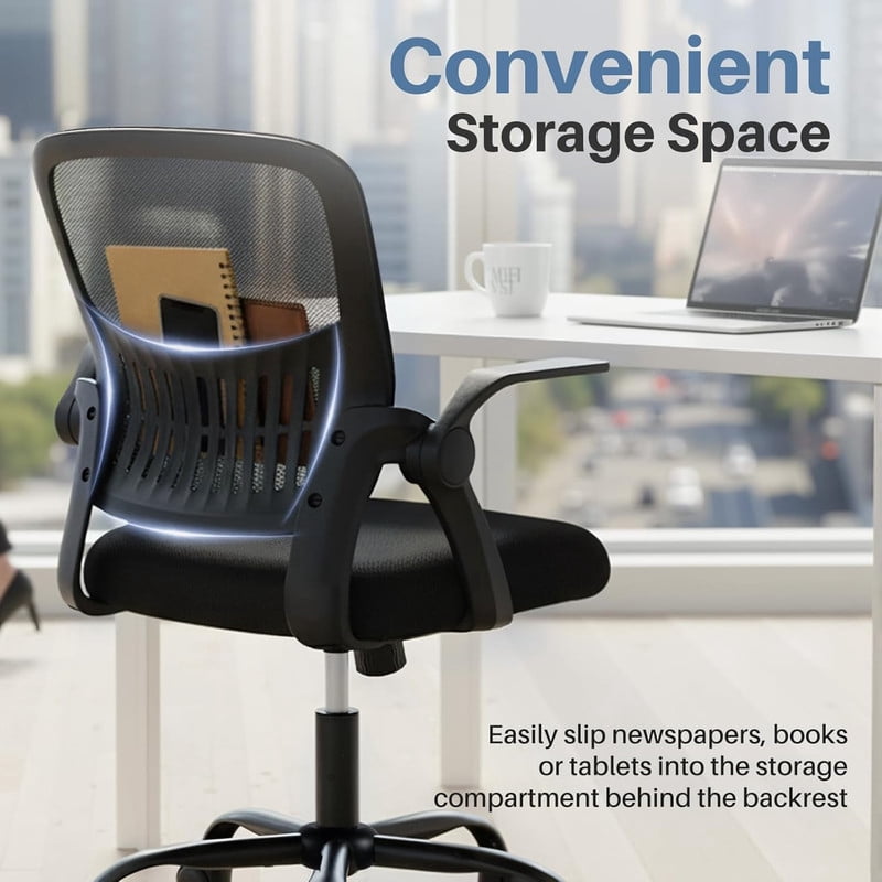 Simenmax Ergonomic Office Chair, Home Desk Computer Mesh Chair with Flip-Up Arms, Breathable Mid Back Chair for Small Spaces, Black
