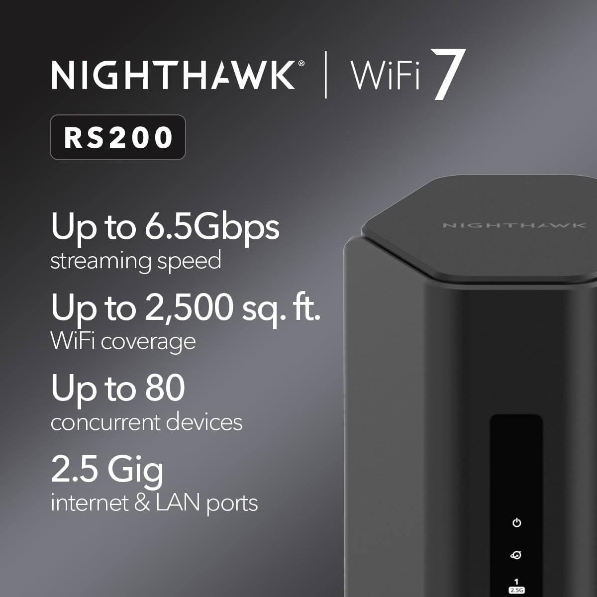 Restored NETGEAR Nighthawk Dual-Band WiFi 7 Router (RS200) – Security Features, BE6500 Wireless Speed (up to 6.5Gbps) - Covers up to 2,500 sq. ft., 80 Devices – 2.5 Gig Internet Port (Refurbished)