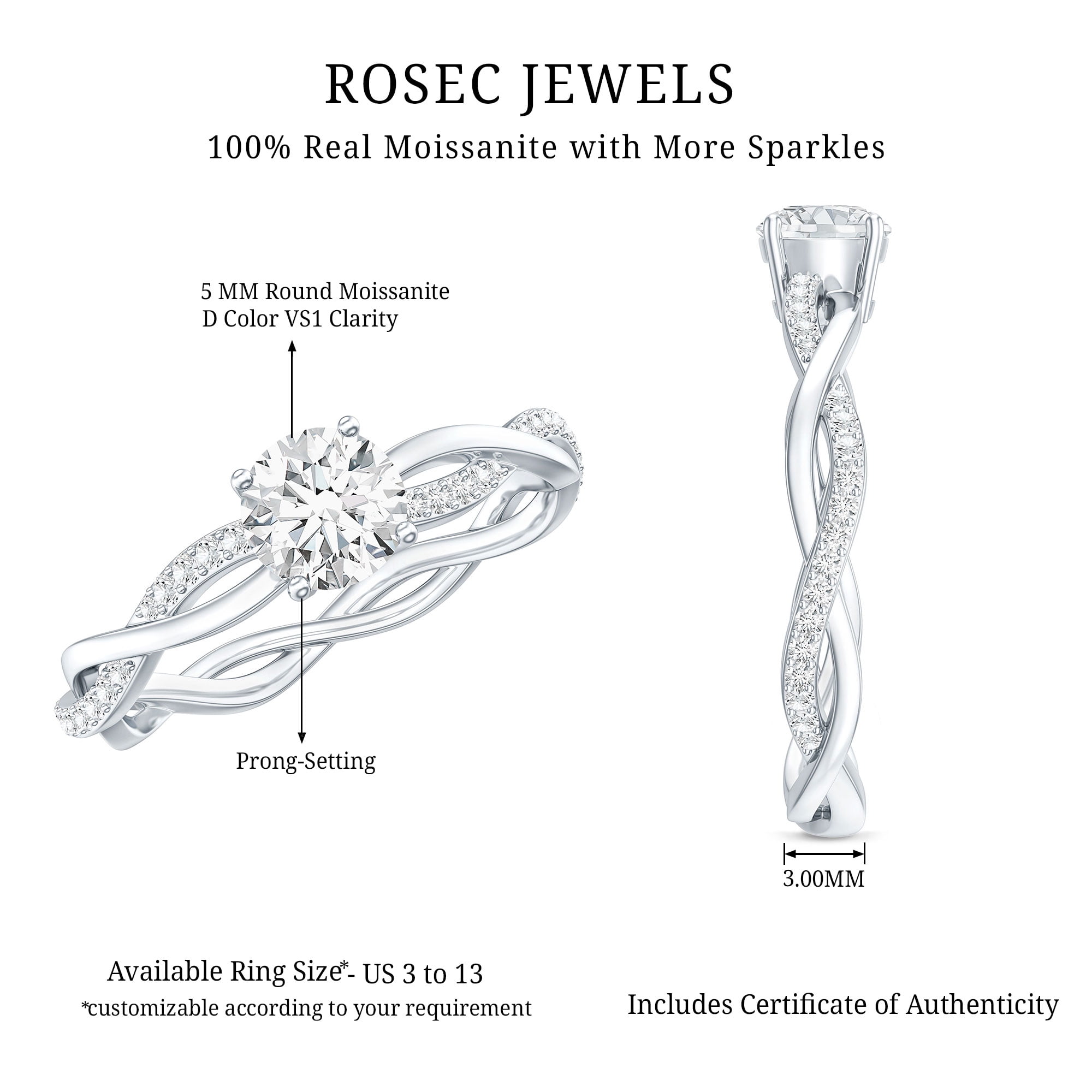 Rosec Jewels Moissanite Engagement Ring for Women - 1/2 Carat - Braided Ring - D-VS1 Quality Certified, 14K White Gold, US 8.00