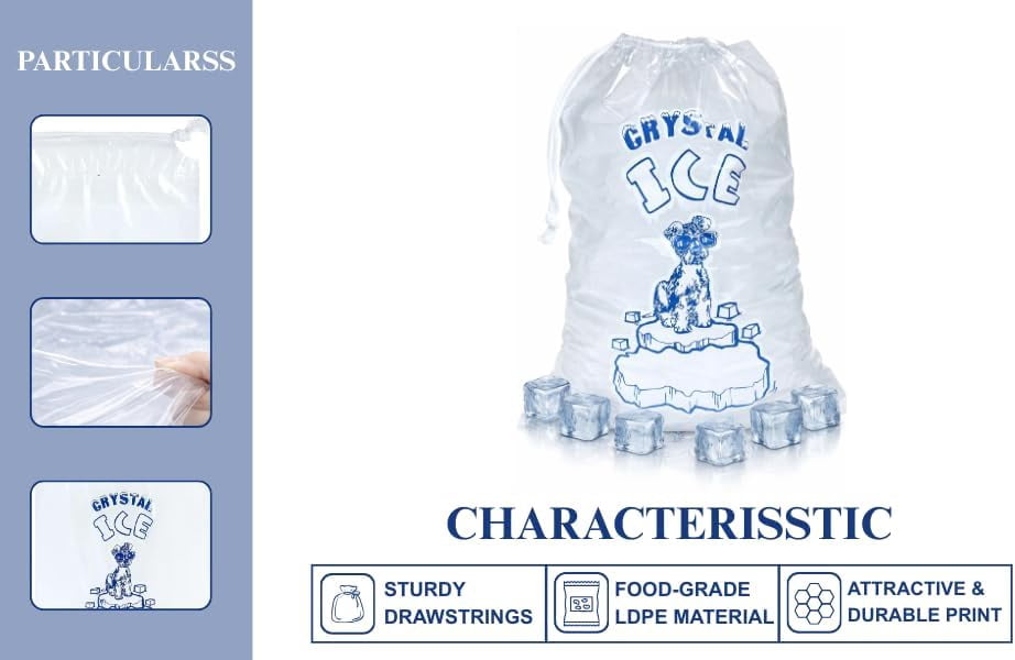 8/10/20 LB Ice Bags with Drawstring, 100 Pack Heavy-Duty Reusable Ice Bags, 1.30 Mils Thick for Ice Machine, Freezer Storage