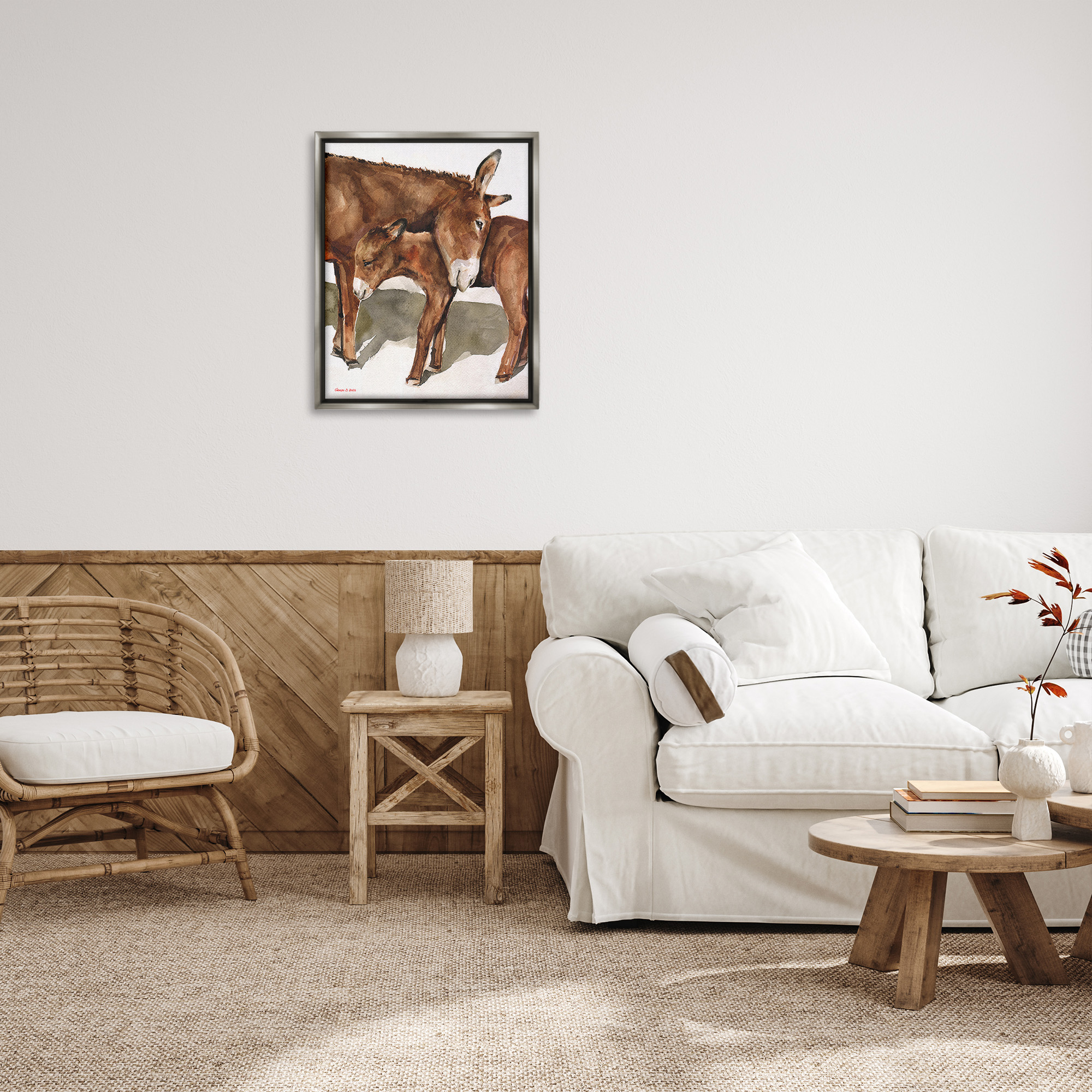 Stupell Industries Cuddling Donkey & Foal Animals & Insects Painting Gray Floater Framed Canvas Art Print Wall Art, 25 x 31