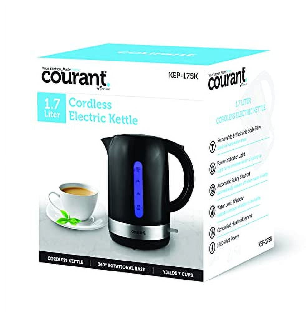 Courant Cordless 1.7 Liter Electric Kettle, LED Indicator, Washable Filter, Durable, Lightweight, New, Black