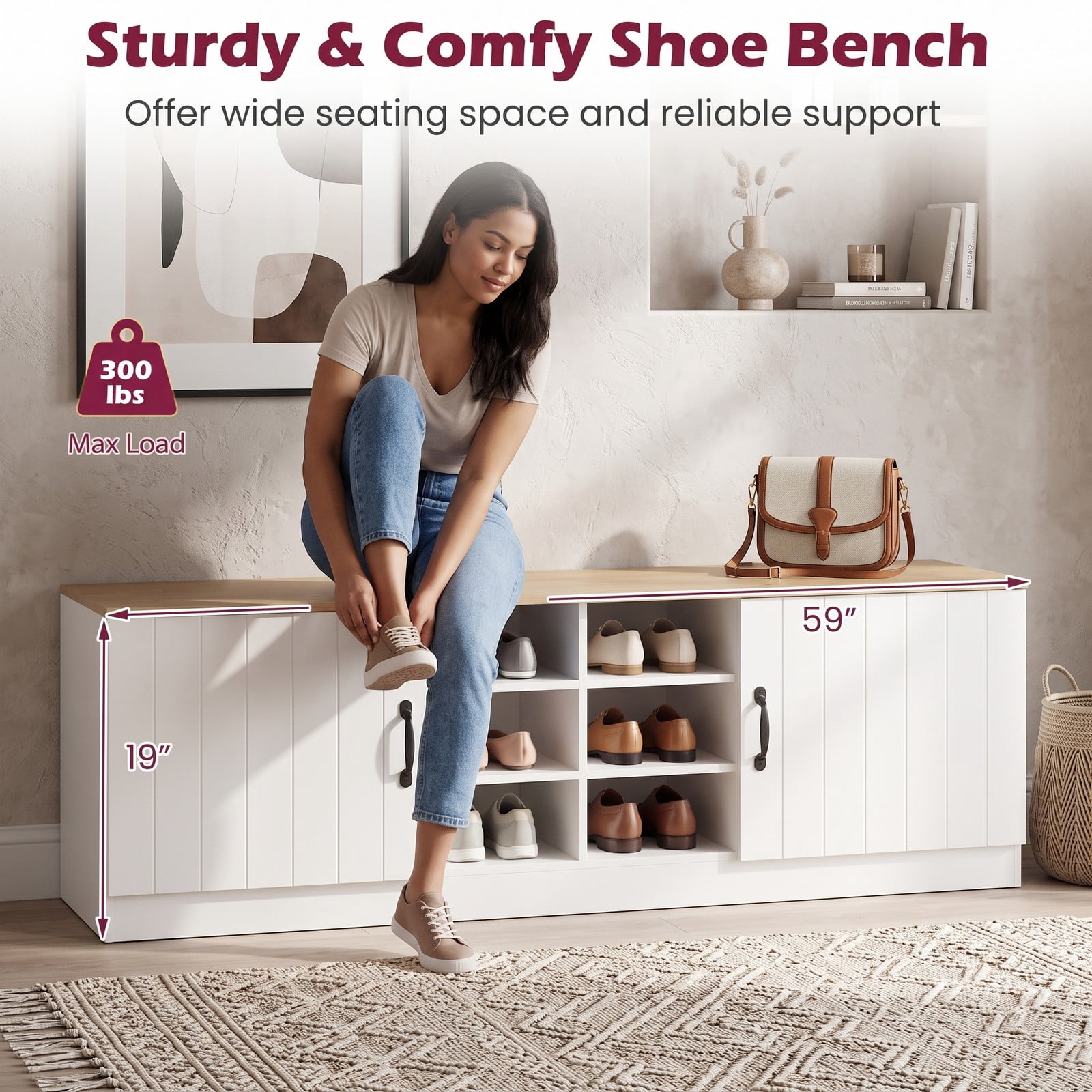 Furnibear 59 Inch 2-Door Shoe Bench Storage Cabinet with 6 Compartments and Adjustable Shelves for Entryway and Hallway, Natural