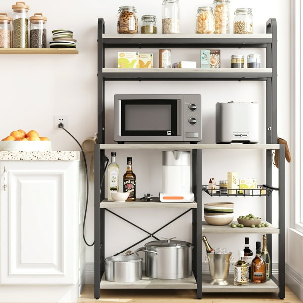 Estante de panadería con tomacorriente, barra de café con cajón de alambre, soporte para microondas, estante de cocina de 6 niveles