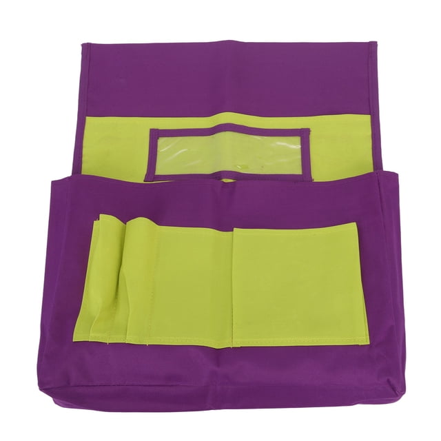 Bolsillo para respaldo de silla, organizador de suministros para estudiantes con bolsillo para etiqueta de nombre para preescolar, morado y amarillo