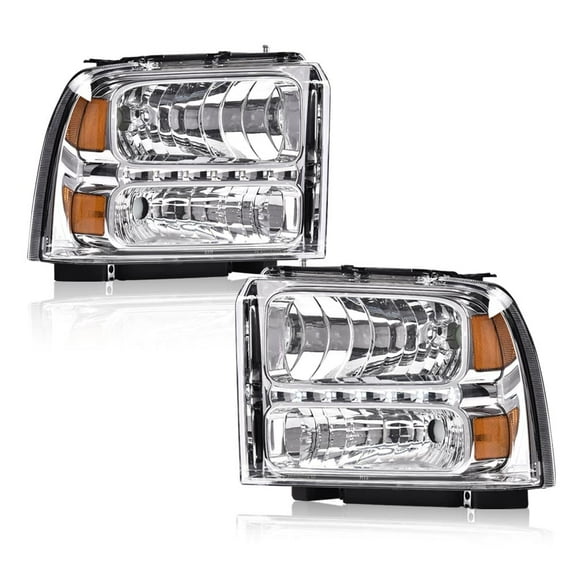 LED Strip Headlights, Fit for 2005-2007 Ford F250 F350 F450 F550 Super Duty/2005 Ford Excursion Clear Lens Chrome Housing Amber Reflector #6C3Z13008AB