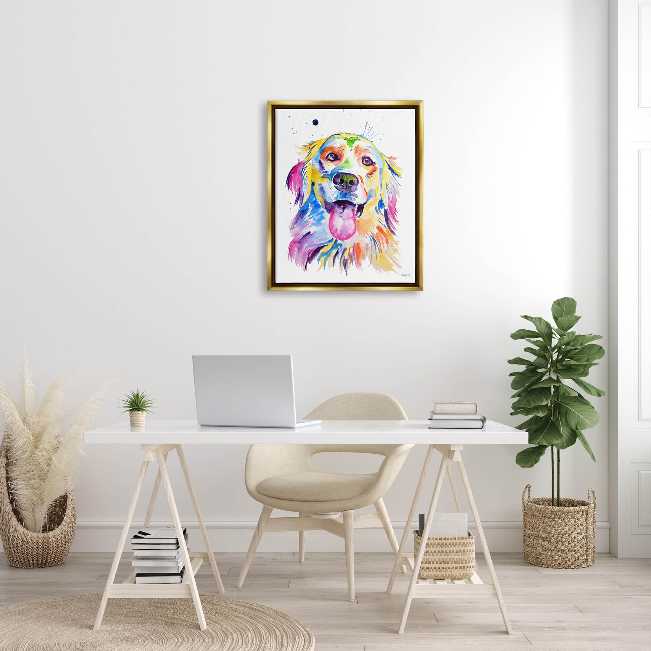 Watercolor Style Happy Dog Face Animals & Insects Graphic Art Metallic Gold Framed Art Print Wall Art