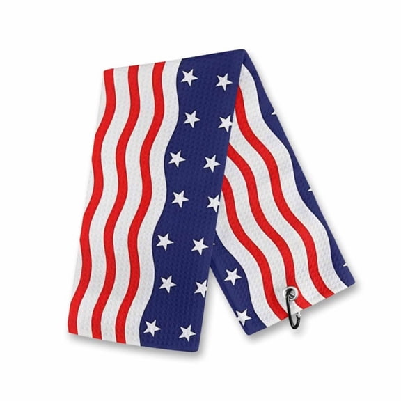 Microfiber Golf Towel with Carabiner Clip, 16×23.8in Absorbent Wavy US American Flag Stars Stripes Golf Club Cleaning Towel, Portable Golf Bag Sports Accessory