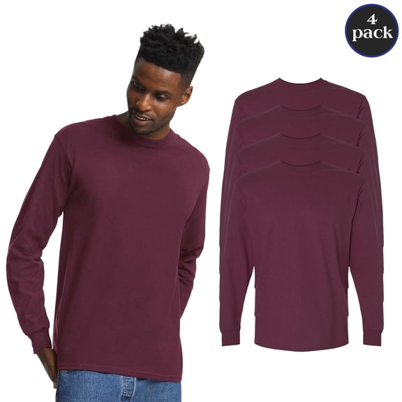 Gildan Men Ultra Cotton Long Sleeve T-Shirt, Everyday Wear Comfort Tee, 4-Pack, Maroon Color, S