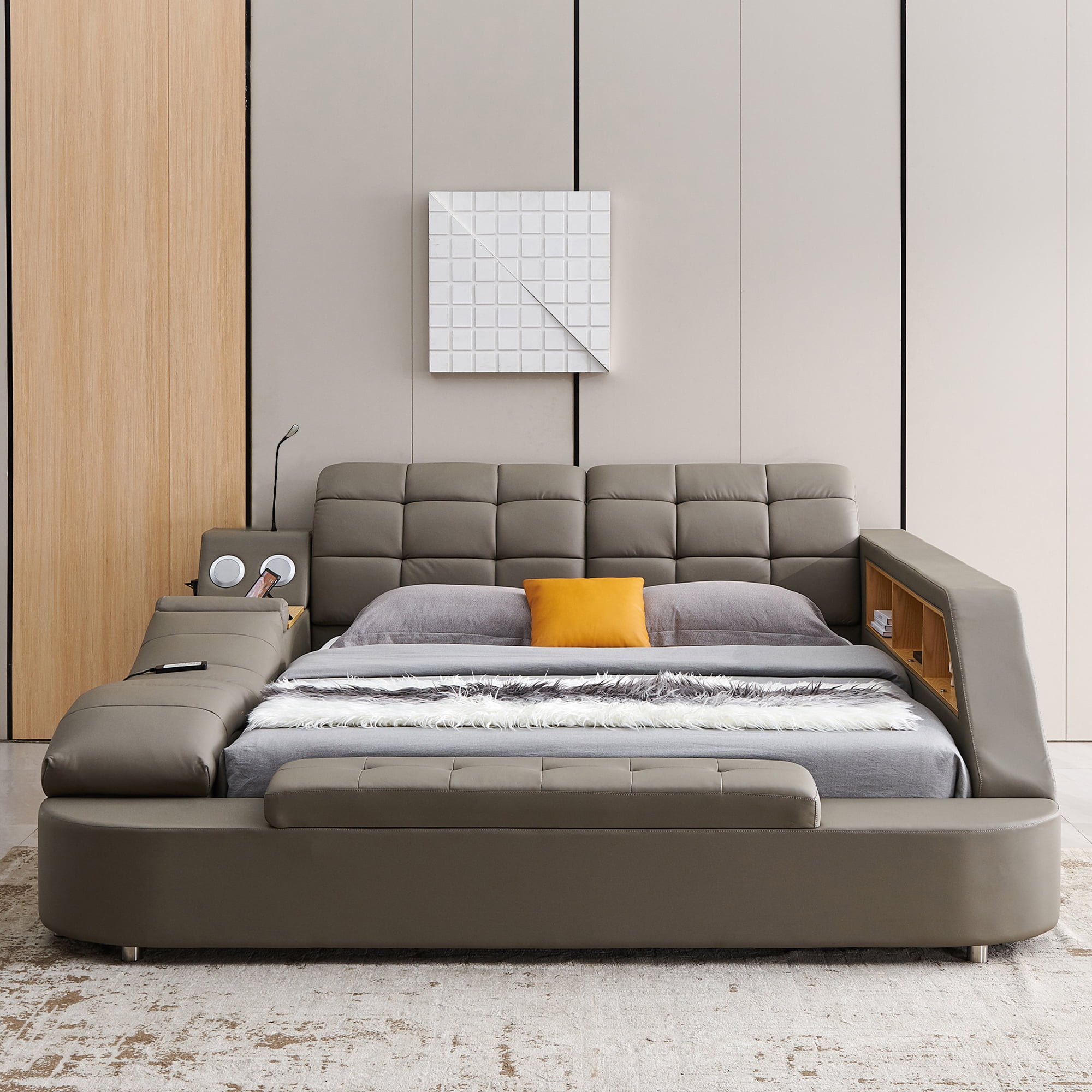 Multifunction Smart King Bed Frame, Upholstered Platform with Massage Recliner, Storage Drawers, Bluetooth Speaker, USB Charging Port, Adjustable Headboard