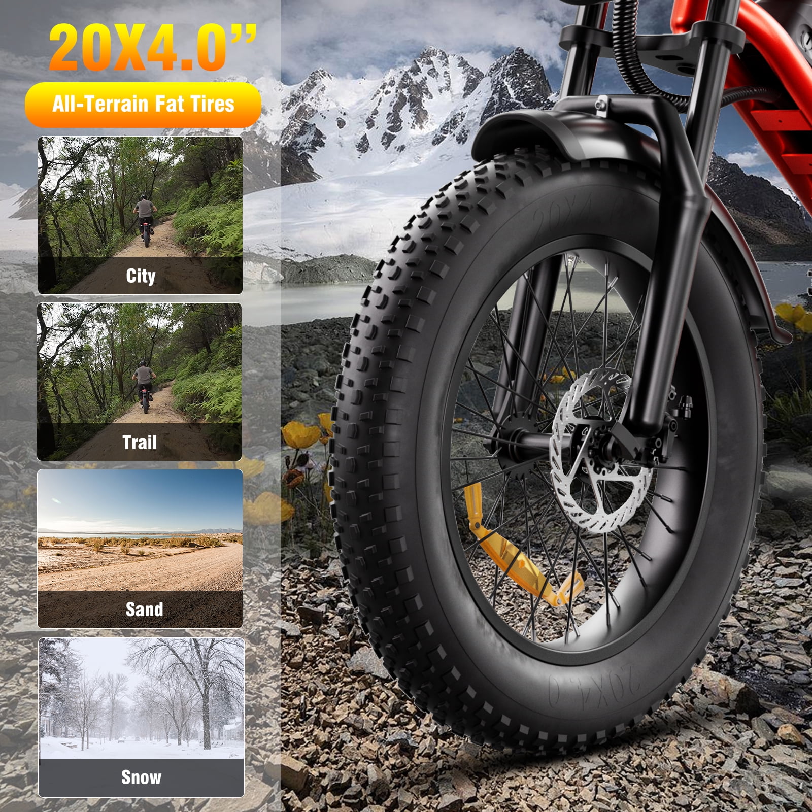 1500W Electric Bike, 20" Fat Tire E-Mountain Bikes, 48V 18Ah 32MPH Ebike for Adults Full Suspension UL2849, All-Terrain E-Bike, Orange