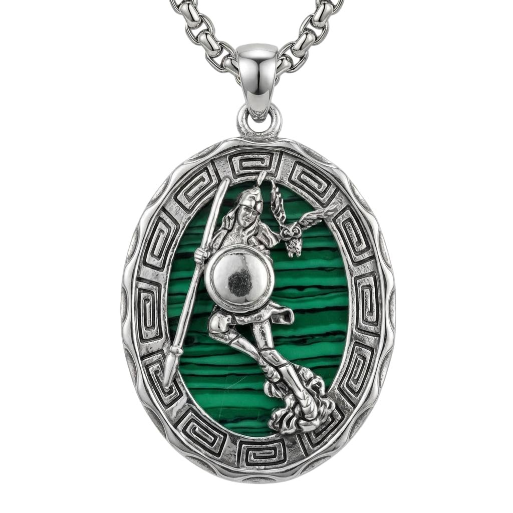 YAFEINI Athena Necklace Malachite Pendant Religious Protector Pendant Greek God Jewelry Gifts for Women Men 24 in Chain