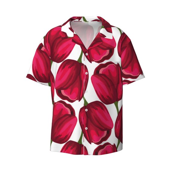 Xecao offers the Tulips Flowers for Men's Casual Short-sleeved Shirt, a button-up collared shirt with a pocket, perfect for beach vacations and yacht travel in the Small size.