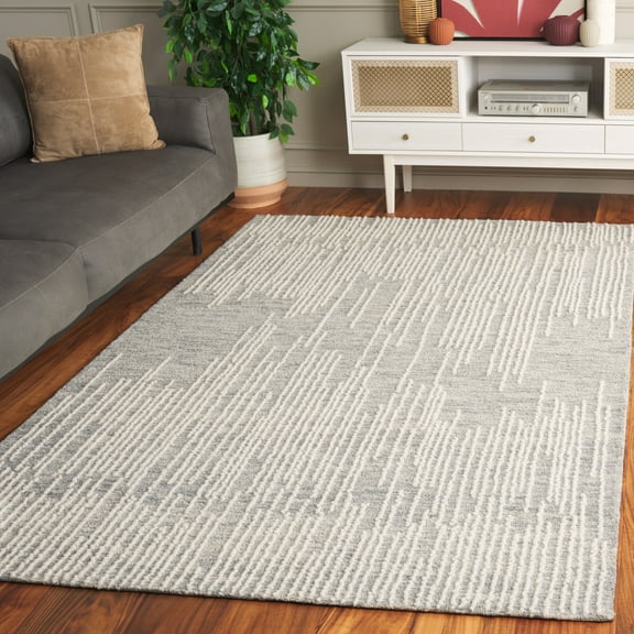 SAFAVIEH Abstract Nina Striped Geometric Area Rug, Light Gray/Ivory, 6' x 6' Square