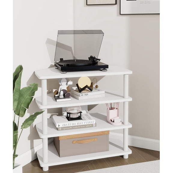 Small Corner TV Stand, Entertainment Center with Open Storage Shelves, Modern Media Console Table for Living Room, White