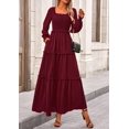 thumbnail image 3 of Vestido PRETTYGARDEN de Manga Larga con Fruncido y Escote Cuadrado en Rojo Vino Talle S, 3 of 8