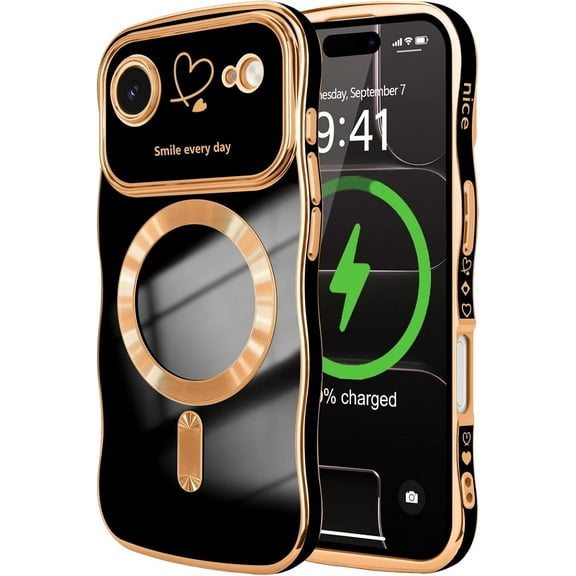 for iPhone Air Case for Women Girls [Compatible with MagSafe] Cute Curly Wave Shape, Magnetic Love Heart Pattern with Camera Lens Cover Luxury Plating Shockproof Phone Case