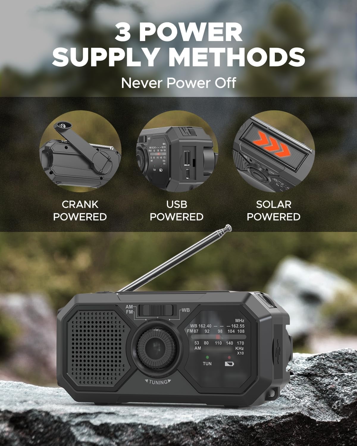 Emergency Hand Crank Radio, with LED Flashlight for Emergency, AM/FM Portable Weather Radio, for USB Charged & Solar Power for Camping, Emergency (Black)