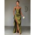 thumbnail image 5 of Womens Olive Green Satin Slip Dress, Elegant High Slit Gown, Formal, 5 of 6
