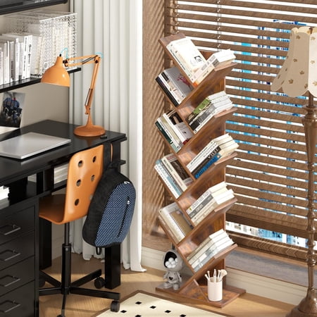 10 Tier Tree Book Shelf Floor Standing Wood Bookshelf for Narrow Space Storage Organizer Bookshelves for Books/CDs/Magazine Bookcase with Shelves for Home Office Living Room - Brown
