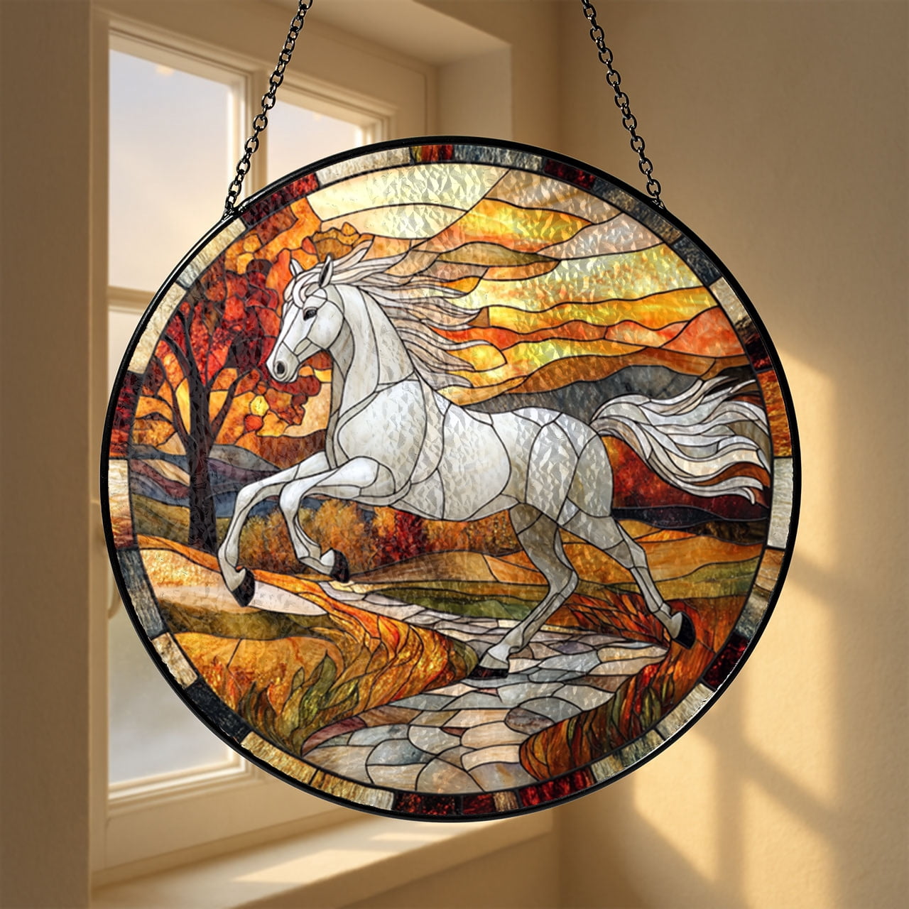 Running Horse Window Hanging, Faux Stained Glass Forest Design for Horse Lovers and Home Accents