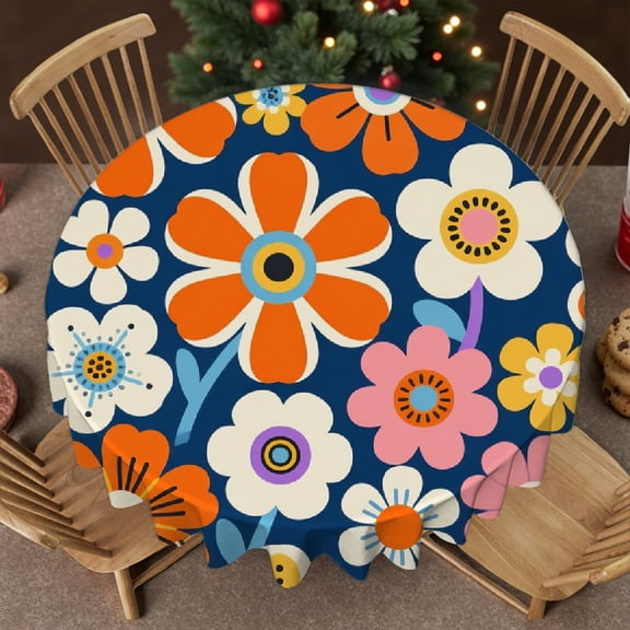 Colorful Groovy Flowers Tablecloth for dining table, Polyester Tablecloths - Holiday-Themed Design tablecloth round, Cafe, dinner, brunch, buffet, picnic