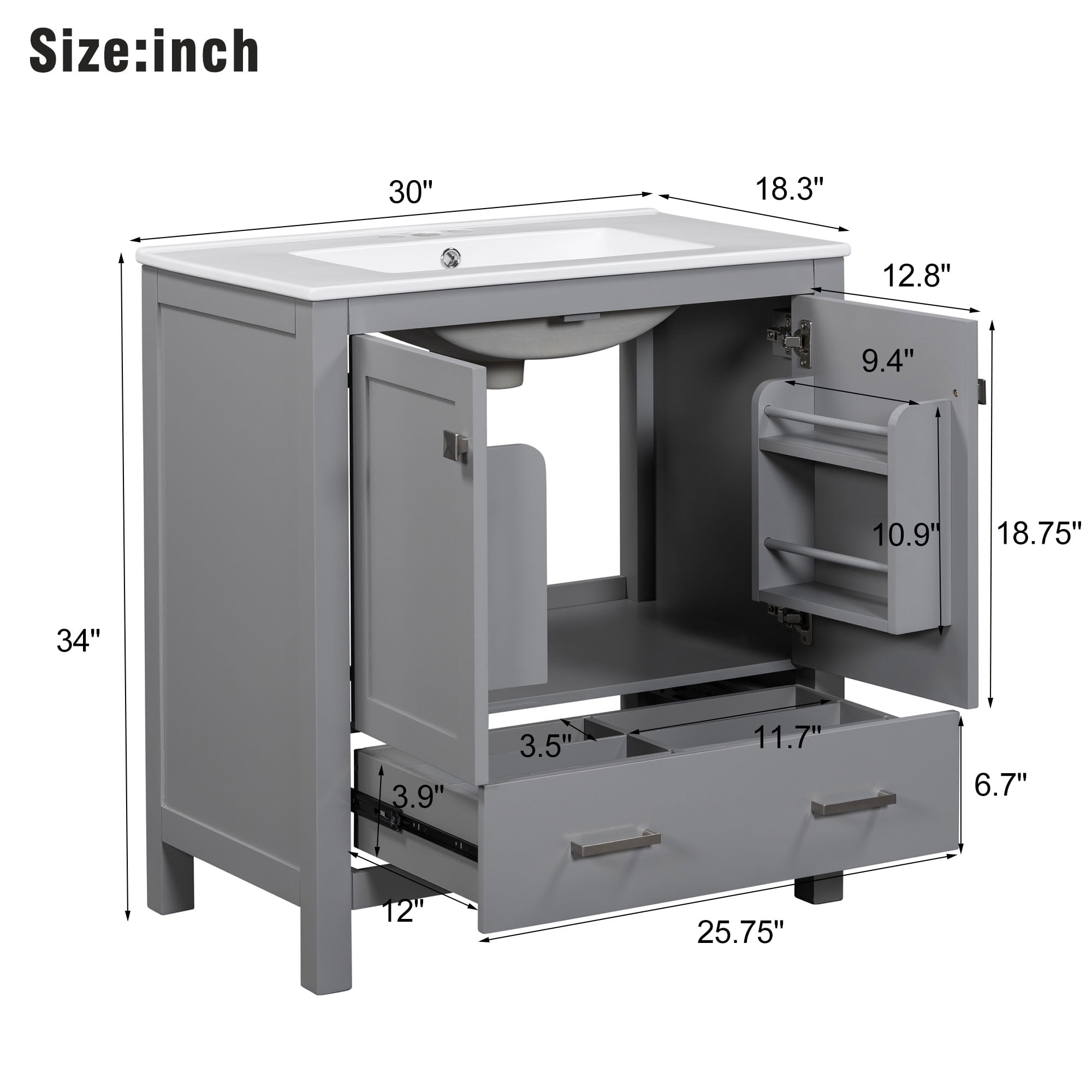 Harper & Bright Designs 30" Bathroom Vanity with Sink Combo, Bathroom Cabinet with Ceramic Top, Multifunctional Storage Doors and Drawer, Gray