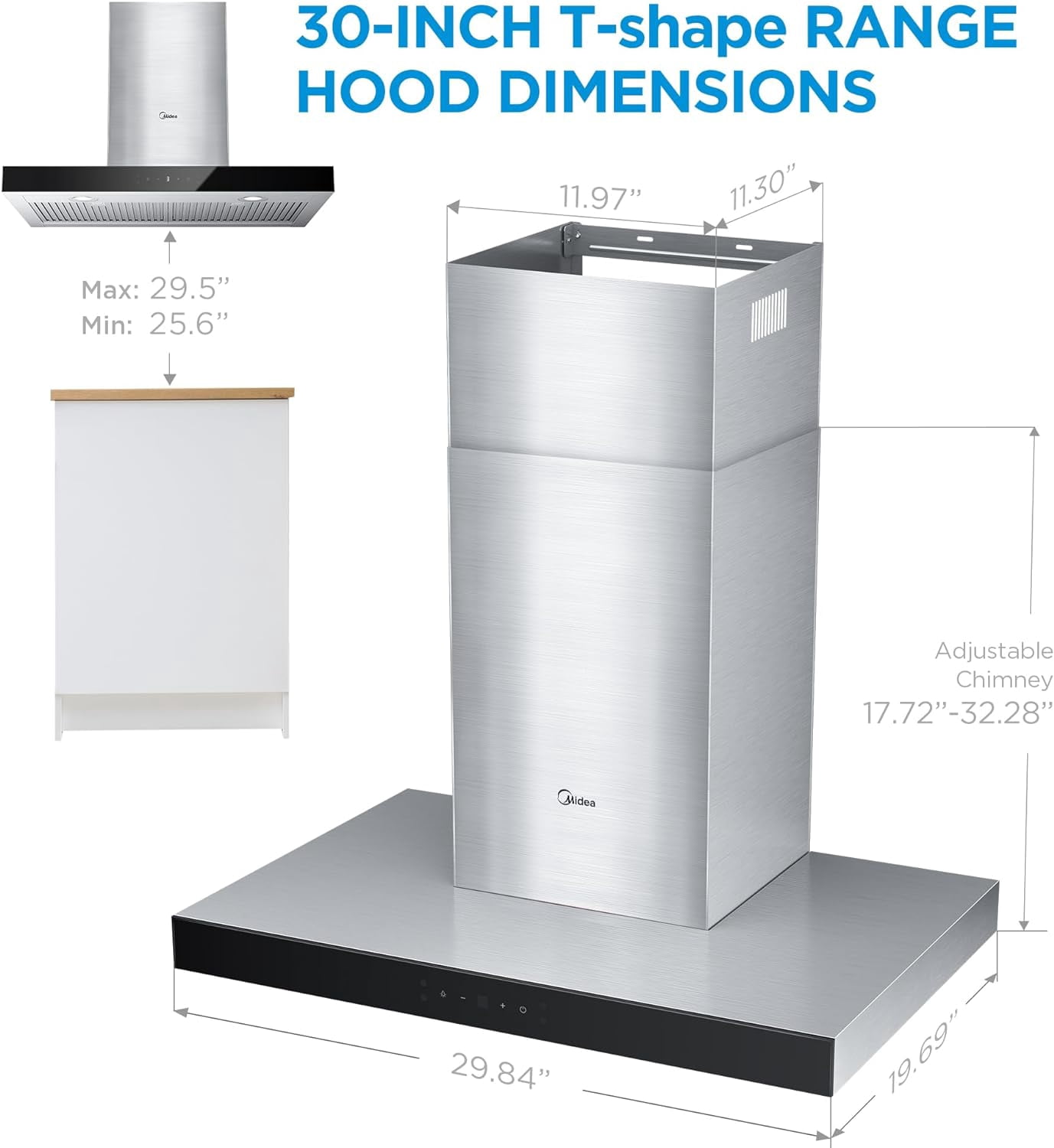 Midea 30-inch T-Shape Range Hood, 450CFM, Convertible, Stainless Steel, MVT30W9AST, New